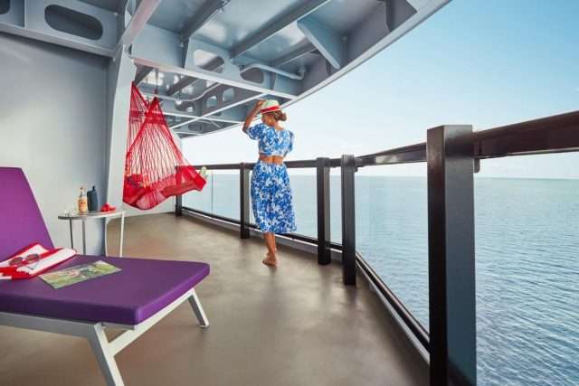 A Sailor walks to her Sailor Mate in the hammock on the large balcony of their Cheeky Corner suite. 

Photoshoot of Vitamin Sea activities by Melanie Acevedo onboard Scarlet Lady, Virgin Voyages
Vitamin Sea & Project Jackson Photoshoot Cabins onboard SCL

Shoot Date: Sept 18-25, 2021
Shoot Location: Transit from NY-Bimini

Usage: Worldwide/universal unlimited rights in perpetuity for all media including 3rd party usage (Virgin Brands) for all footage and images captured during the shoot. Excluding TV + Broadcast.
Talent Usage: 5 Years Worldwide/universal unlimited rights in perpetuity for all media including 3rd party usage for all footage and images captured during the shoot. Excluding TV + Broadcast. 
 
TEAM
Photographers:
Lifestyle: Melanie Acevedo
Cabins: Sang An
Agent: Kenna Zimmer, Sarah Laird & Good Company
https://sarahlaird.com

CD: Christian Schrader
Art Buyer / Producer: Kathy Boos
