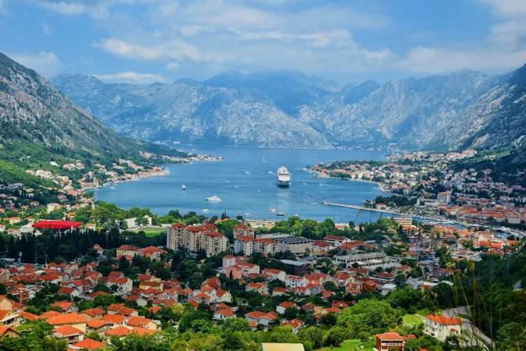 The Bay of Kotor, with mountains and waterfront buildings